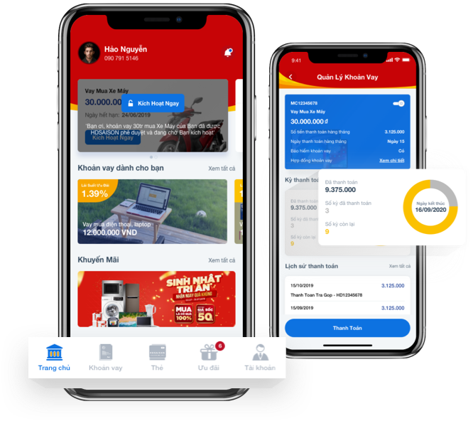 HD Saison app screens: a loan dashboard on the home tab and a loan management screen with repayment schedule and progress